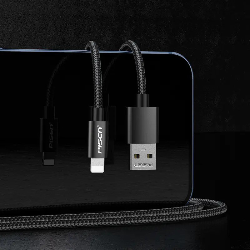 Cáp PISEN USB A to L 2.4A Alu 1000mm, nylon bện, chống gãy gập, chống xoắn, model: LH-AL19-1000 - Bảo hành 18 tháng