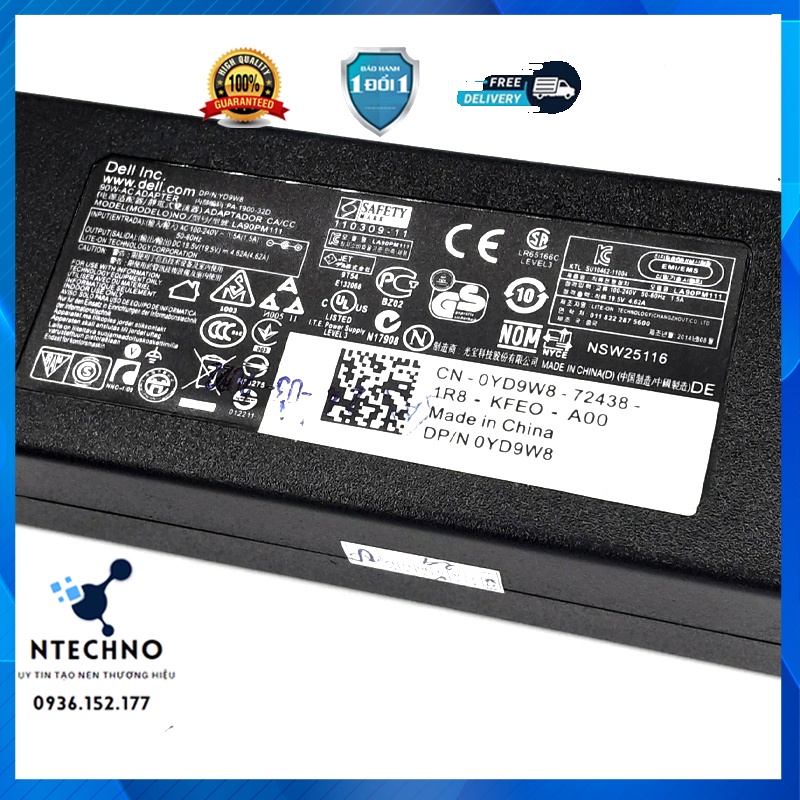 Sạc Laptop Dell 19.5V - 4.62A 90W [Zin] Chân to/Chân nhỏ Tặng kèm dây nguồn⭐ Bảo hành 12 Tháng (Sạc Zin/TC)