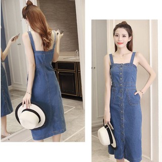 Đầm Yếm Jean Nữ Form Dài Nút Cài Dọc