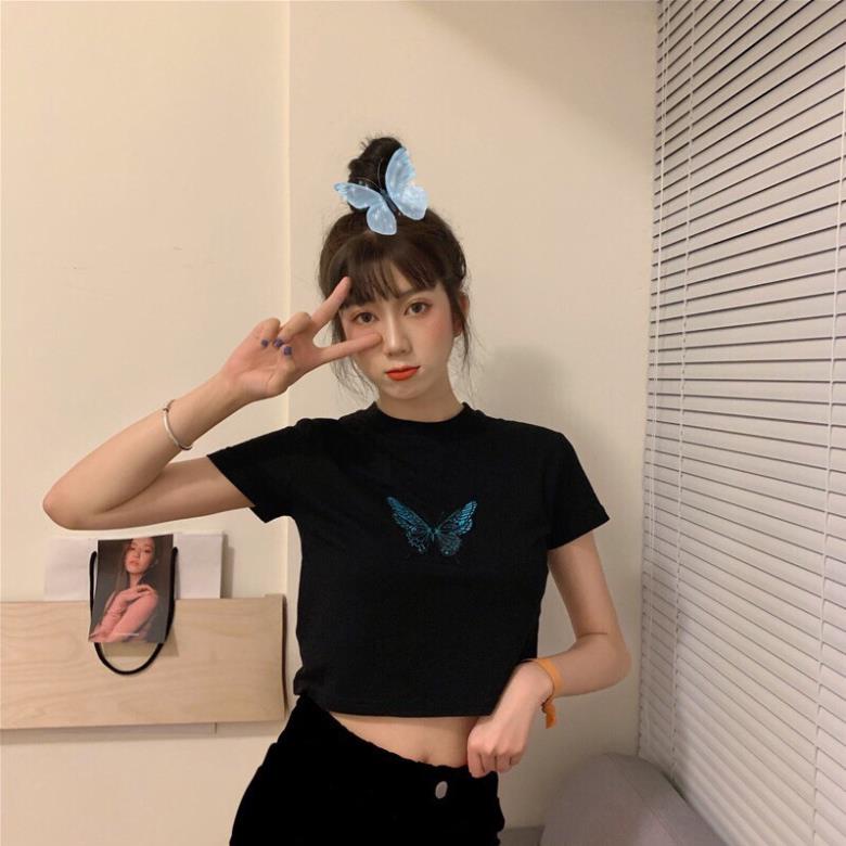 Áo croptop body - Áo thun nữ body tay ngắn hình con bướm mặc co giãn, chất vải đẹp hàng chất lượng