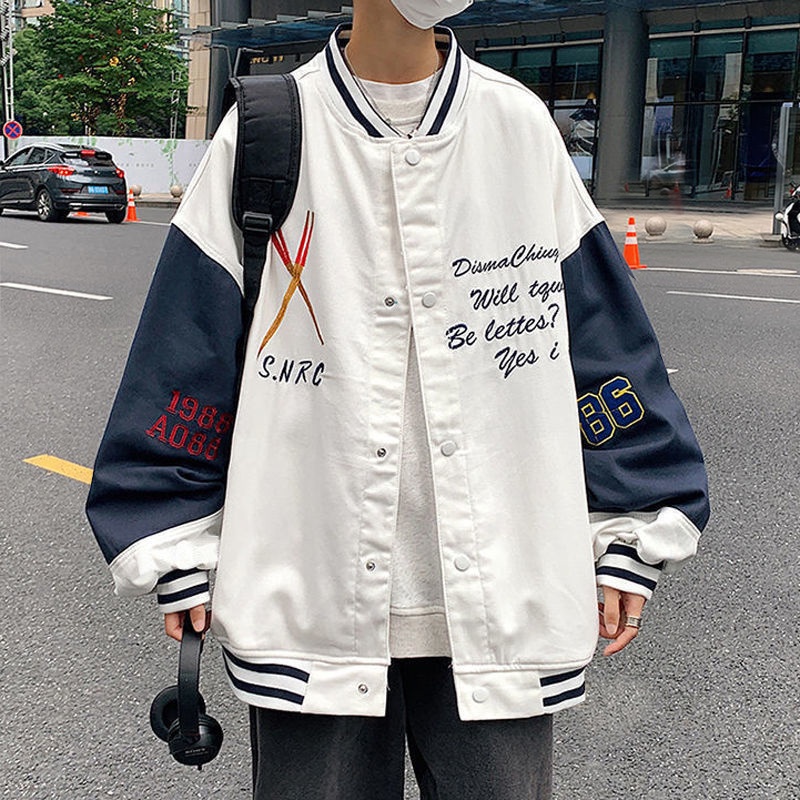 Áo khoác bóng chày cổ chữ V dáng rộng thêu họa tiết thời trang dành cho nam