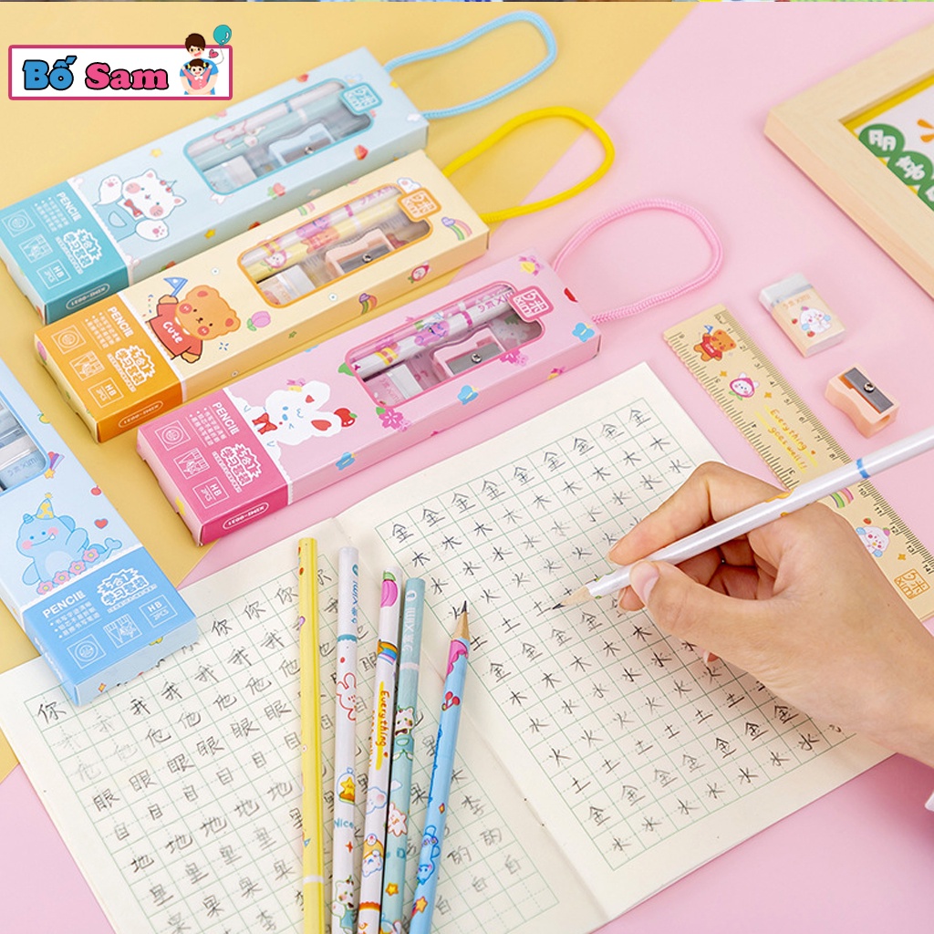 Set 4 chi tiết thước kẻ, bút chì, gọt bút, tẩy có hộp quai đeo đi học cho bé Shop Bố Sam