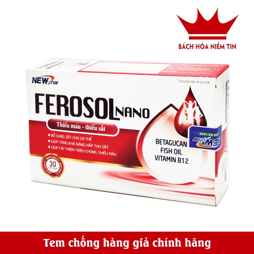 Bổ máu Ferosol Nano bổ sung Sắt, Acid Folic cho người thiếu máu, phụ nữ mang thai và cho con bú - Hộp 30 viên