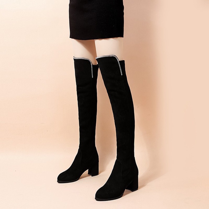 Giày bốt đùi boot ống trên gối da lộn gót vuông 6 phân viền pha lê chân êm mềm sang trọng S081