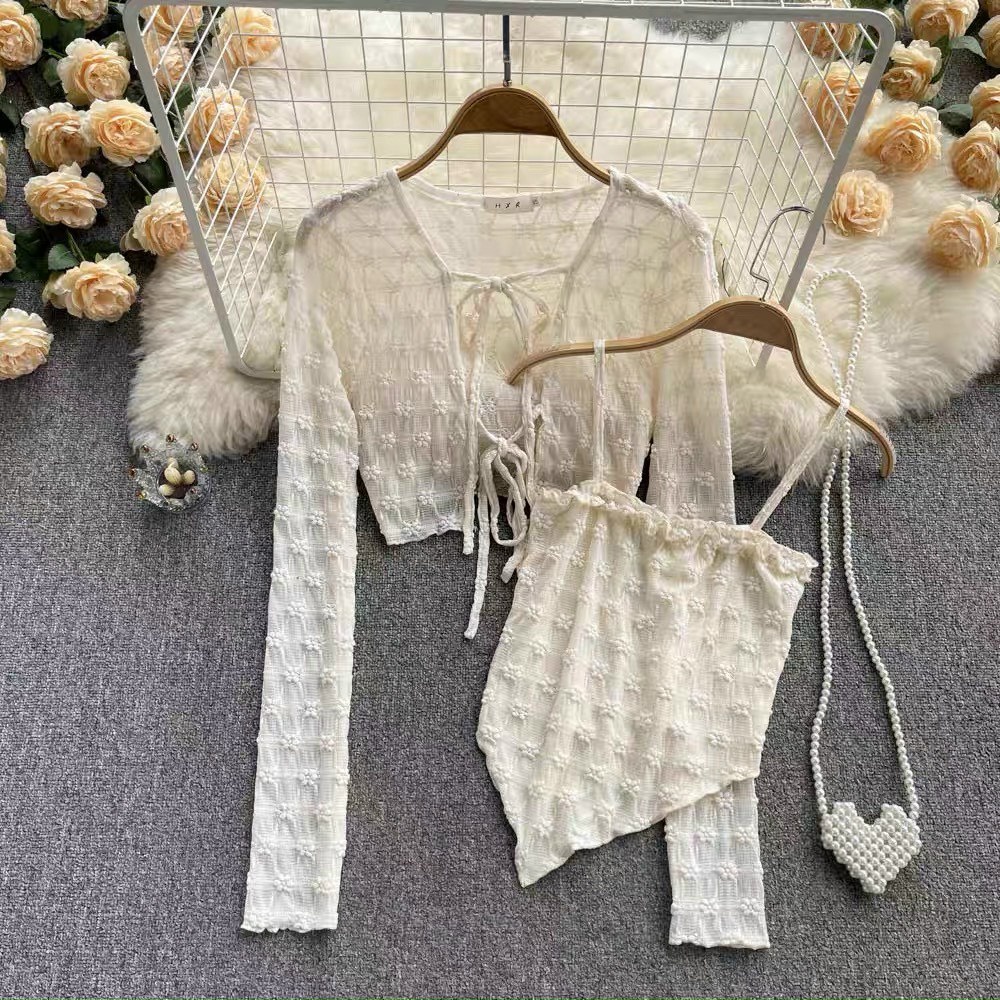 Set cardigan kèm áo 2 dây hoa chìm ulzzang Hàn Quốc hàng QC