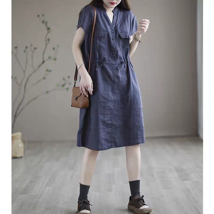 Đầm suông linen cổ trụ phát V hai túi hộp ốp ngực trẻ trung, thời trang dạo phố 2022