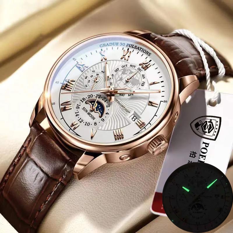 Đồng hồ đeo tay POEDAGAR dây da dành cho nam giới