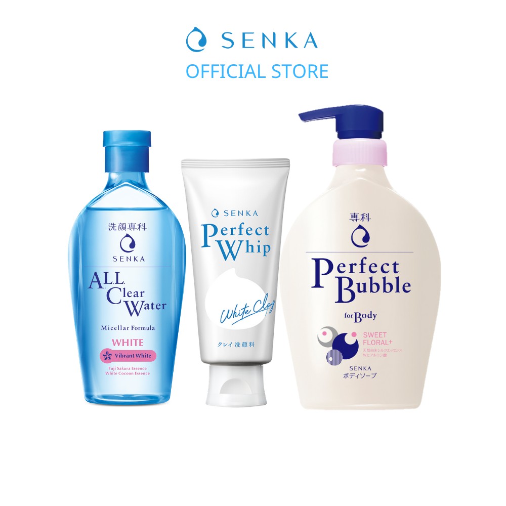 Bộ sản phẩm Senka làm sạch dưỡng trắng toàn thân và da mặt (White 230ml + Clay 120g + Sữa tắm Senka 500ml)