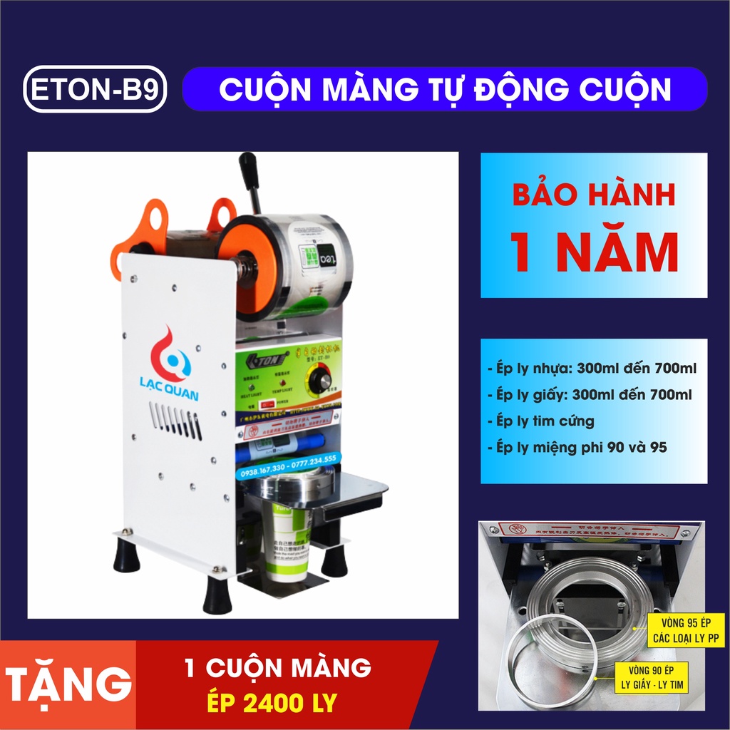 Máy ép ly nhựa, máy dập cốc, máy tự động cuộn màng ETON B9 dập được cả ly nhựa PP và ly giấy từ 300 đến 700ml