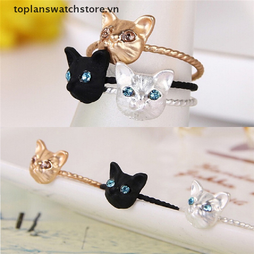 1 Nhẫn Mini Hình Mèo Đính Đá Màu Đen / Vàng / Bạc
