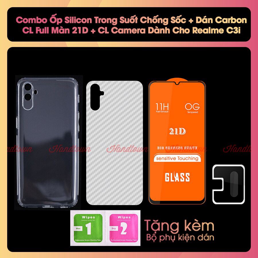 Combo Ốp Lưng TPU Chống Sốc, Kính Cường Lực Camera, Cường Lực 21D, Dán Cacbon Dành Cho Realme C3i