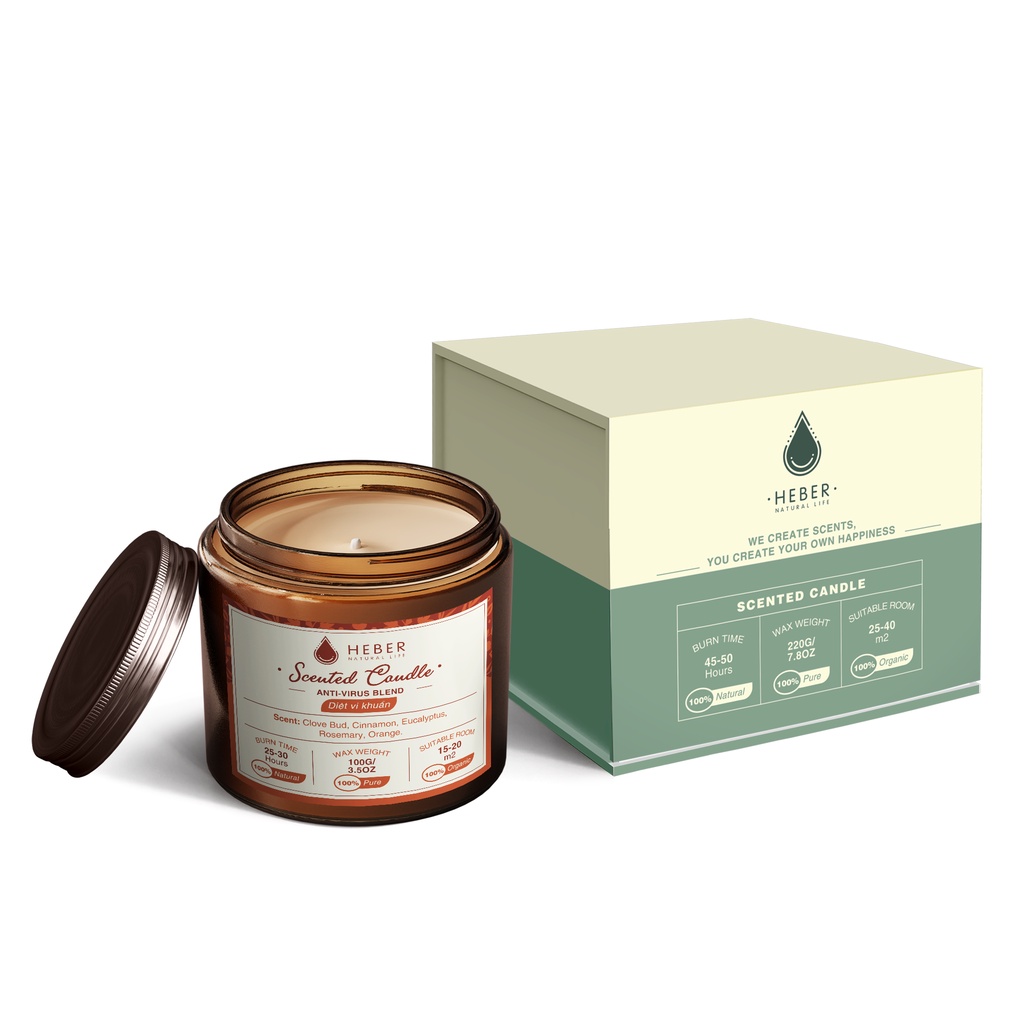 Nến Thơm Diệt Vi Khuẩn- Anti-Virus Scented Candle Heber Natural Life Thiên Nhiên Cao Cấp Thơm Phòng Thư Giãn 100g &amp; 200g