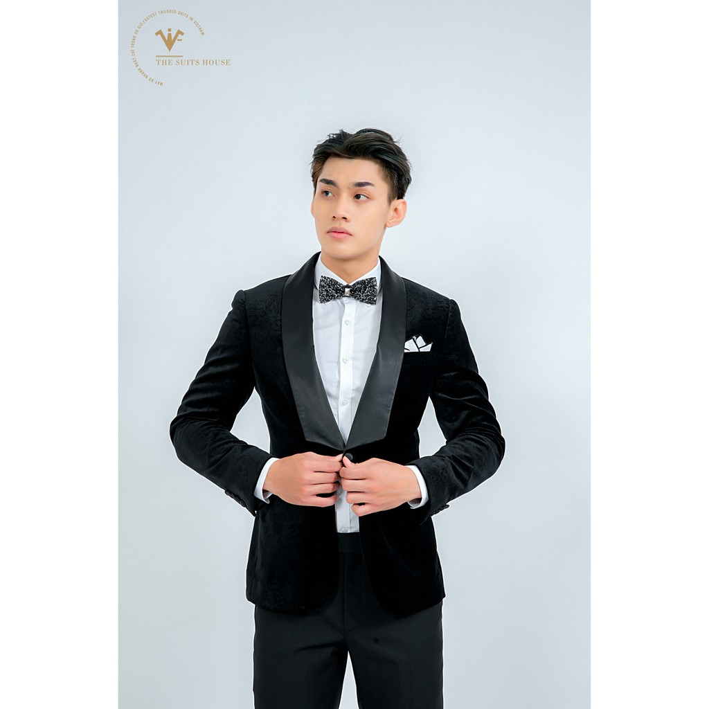 ÁO VEST PREMIUM NHUNG ĐEN HOA VĂN CỔ SAM - AHVP213