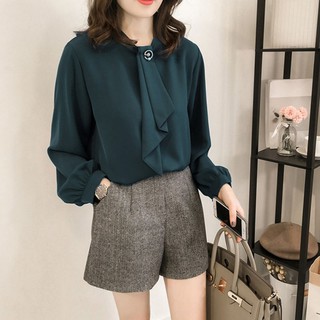 Áo chiffon nữ tay phồng cổ đứng