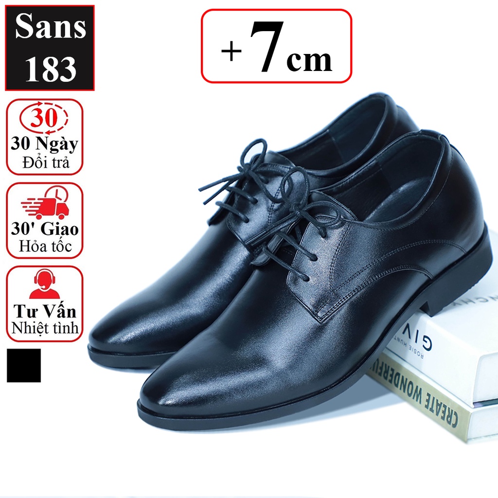 Giày tây nam tăng chiều cao 7cm Sans183 derby giầy da bò đế nâng độn gót 6cm trơn da bóng buộc dây âu văn phòng classic