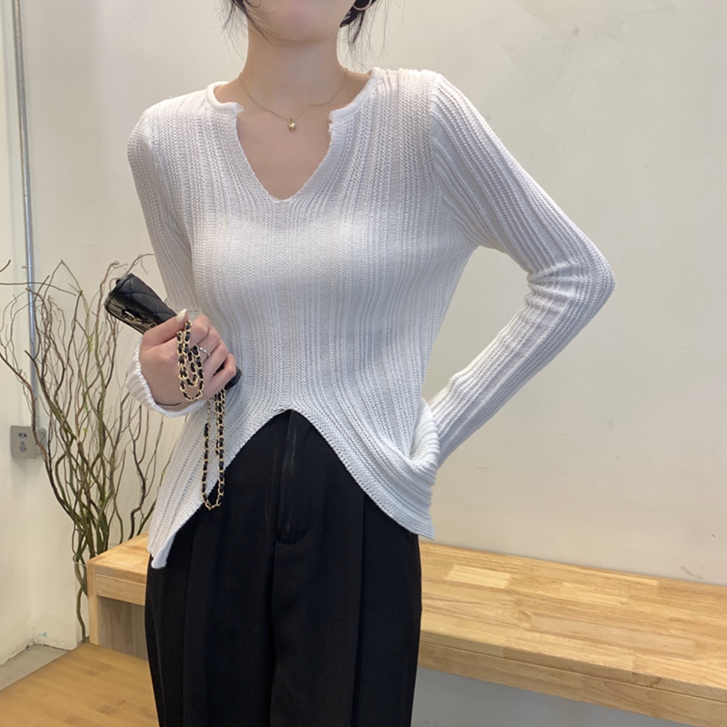 Áo Sweater Dệt Kim Cổ Chữ V Dáng Ôm Xẻ Tà Kiểu Hàn Quốc Thời Trang Mùa Thu Cho Nữ