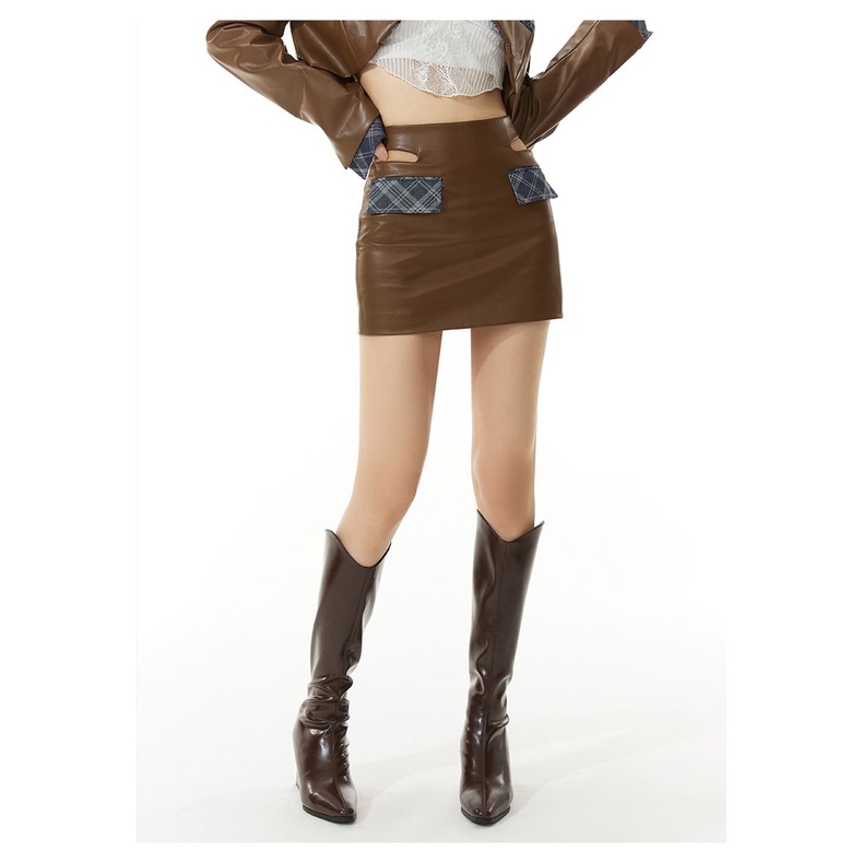 Set Áo Khoác Da Tay Dài Phối Chân Váy Ôm Hông Thời Trang Mùa Thu Mới