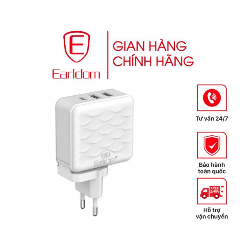 [Chính Hãng]CỦ SẠC NHANH 3.4A 2 CỔNG USB + 1 CỔNG TYPEC EARLDOM ES- EU23