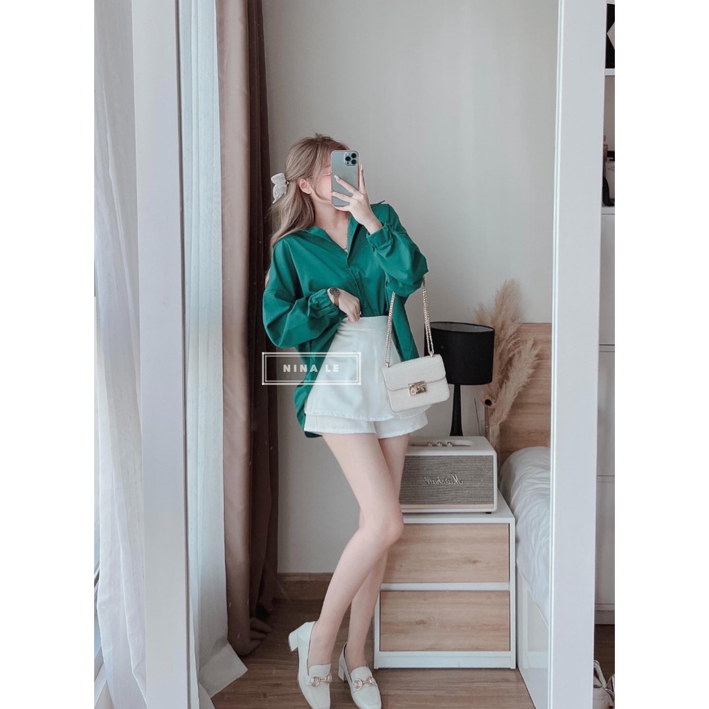 Sét bộ đồ nữ áo sơ mi xanh thanh lịch phối quần đùi xếp tầng duyên dáng giúp nàng nổi bật đi chơi, đi biển