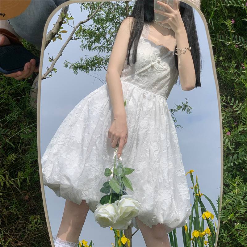 Đầm công chúa hai dây dáng chữ A màu trắng phong cách pháp thời trang mùa hè mới dành cho nữ