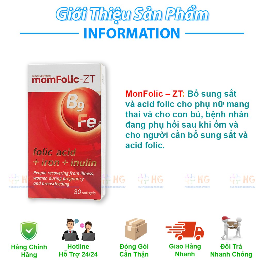 MomFolic-ZT - Hỗ trợ bổ sung Sắt và Folic Acid, giúp cải thiện thiếu máu do thiếu sắt ở phụ nữ mang thai (Hộp 30 Viên)