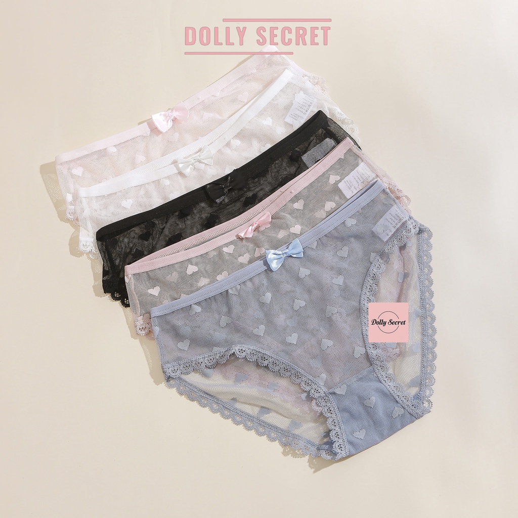 Quần lót ren xuyên thấu siêu mỏng sexy  gợi cảm họa tiết trái tim đính nơ mát mẻ quyến rũ cho nữ DOLLY SECRET QL051