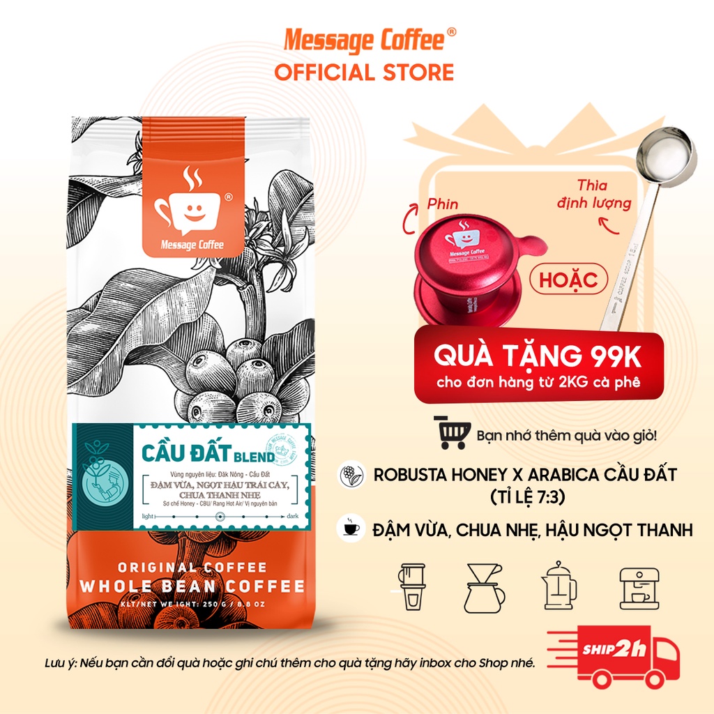 [TẶNG PHIN] COMBO 2KG Cà phê nguyên chất Cầu Đất Blend rang mộc 100% thơm quyến rũ hậu ngọt đắng đầm từ Message Coffee