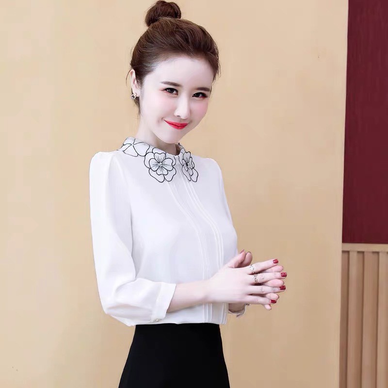 áo sơ mi nữ xếp ly dài tay cổ cánh điệu-áo sơ mi  nữ hàng nhập QC cao cấp