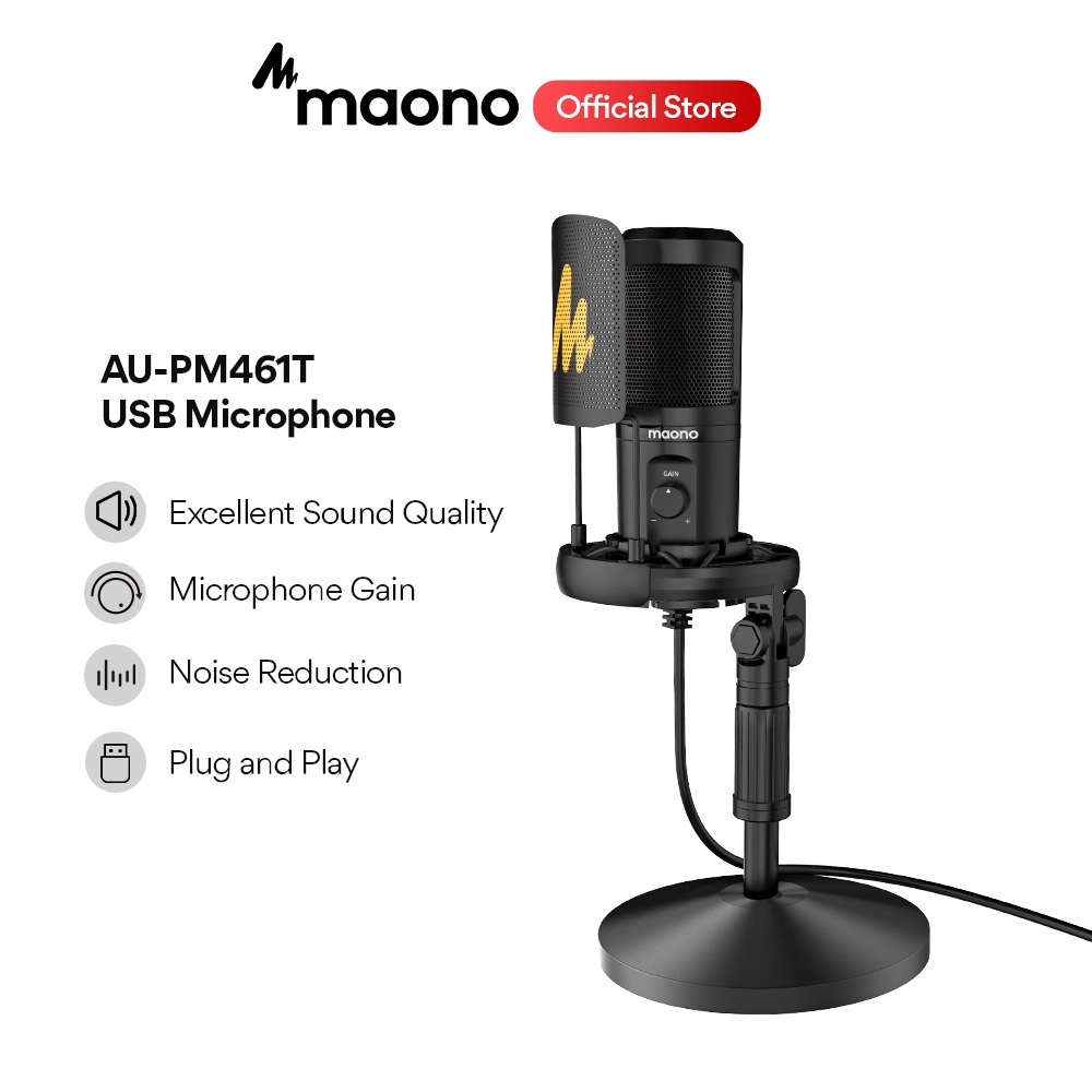Micro điện dung đơn hướng MAONO AU-PM461T cổng USB có nút điều chỉnh âm lượng và đế