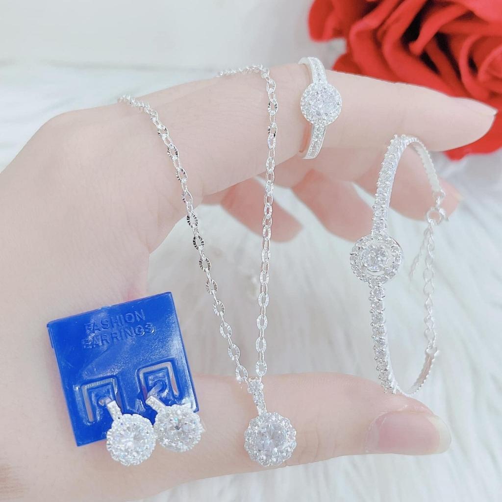 Bộ dây chuyền - Lắc tay - Nhẫn và bông tai mặt đá tròn, chuẩn bạc 925 cao cấp không đen xỉn - Anchi jewelry.