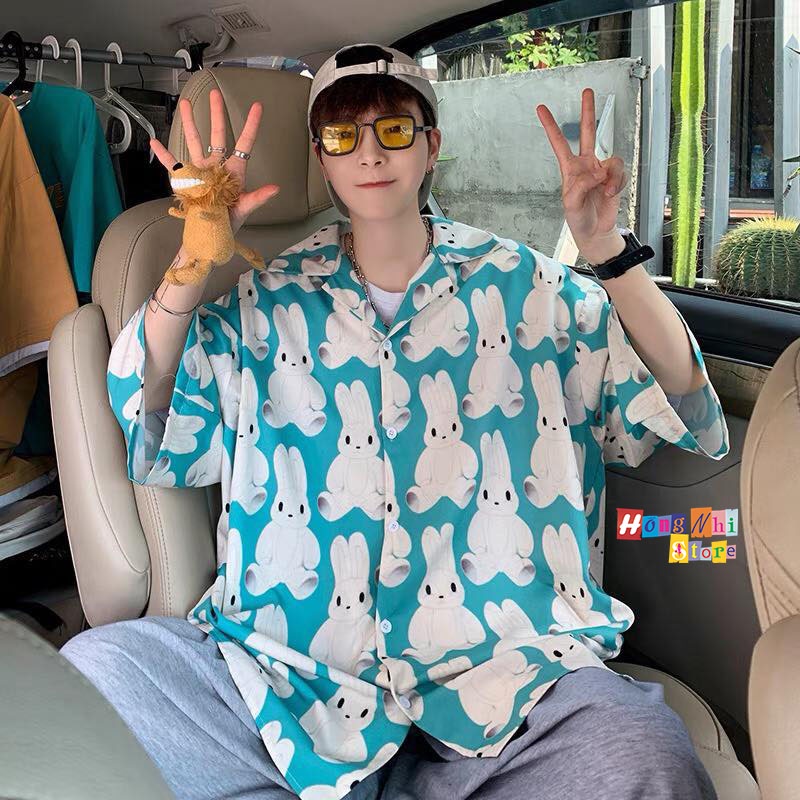 Áo Sơ Mi Họa Tiết Đi Biển Con Thỏ Trắng Hoạt Hình Tay Lỡ Dáng Rộng Ulzzang Unisex - MM