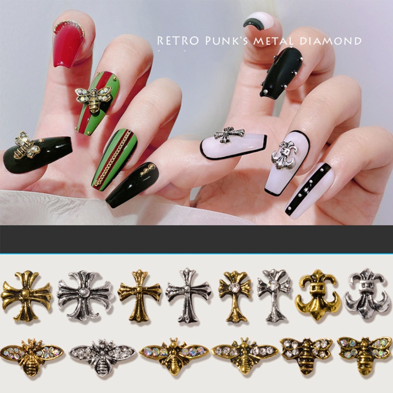 Set 5 Phụ Kiện Trang Trí Móng Tay 3d Hình Ong Bằng Kim Loại Phong Cách Gothic Charms