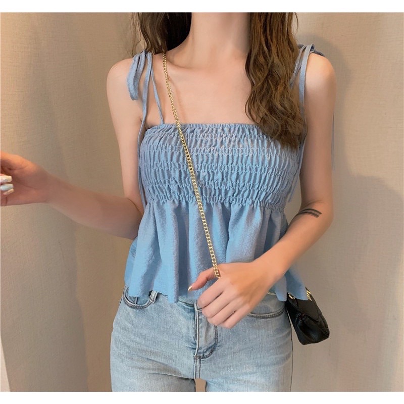 Áo Babydoll 2 dây chun ngực dáng lửng buộc nơ vai TG Shop9398