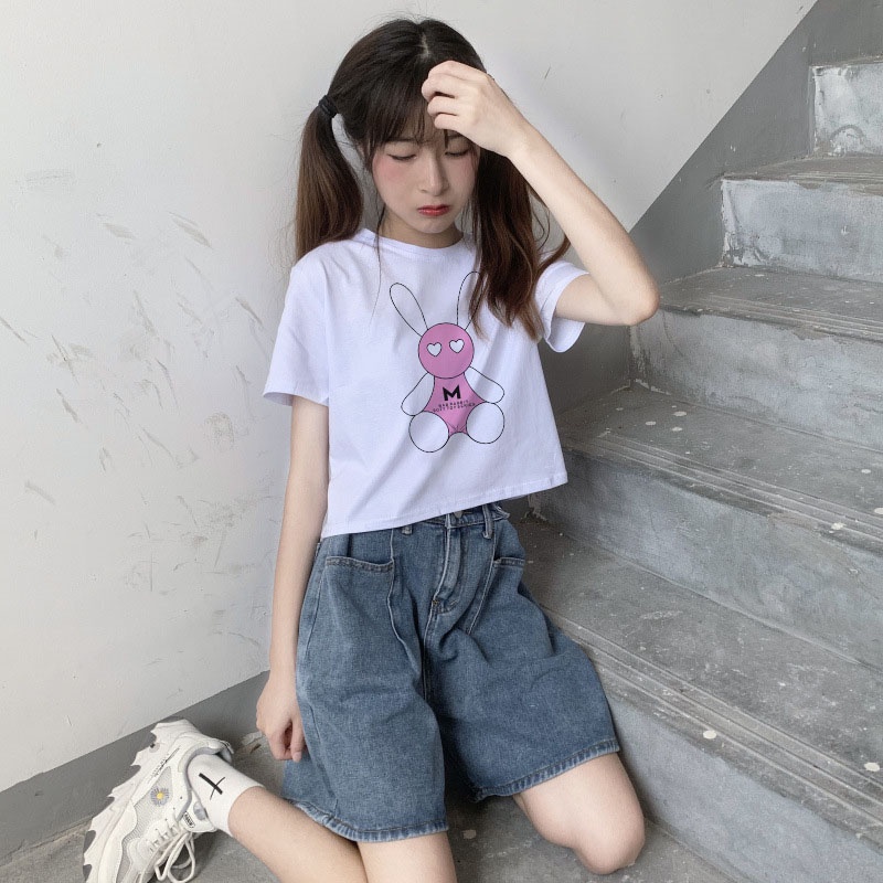 Áo Thun Crotop Form Rộng Unisex Tay Ngắn Chất Cotton Mềm Mại In Hình Thỏ M Ulzzang Style Hàn Quốc TTT0195