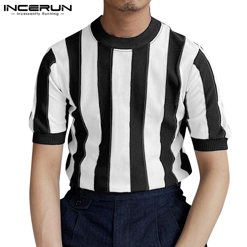 Áo thun Incerun ngắn tay cổ tròn họa tiết kẻ sọc 3 màu thời trang cho nam