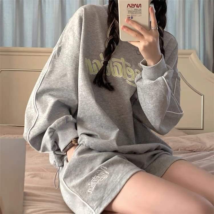 Bộ Dài Tay Kẻ 1 Sọc Vege PEONYB Unisex [FREESHIP]  Set đồ quần short đùi kèm thun sweater in hình vintage hàn quốc