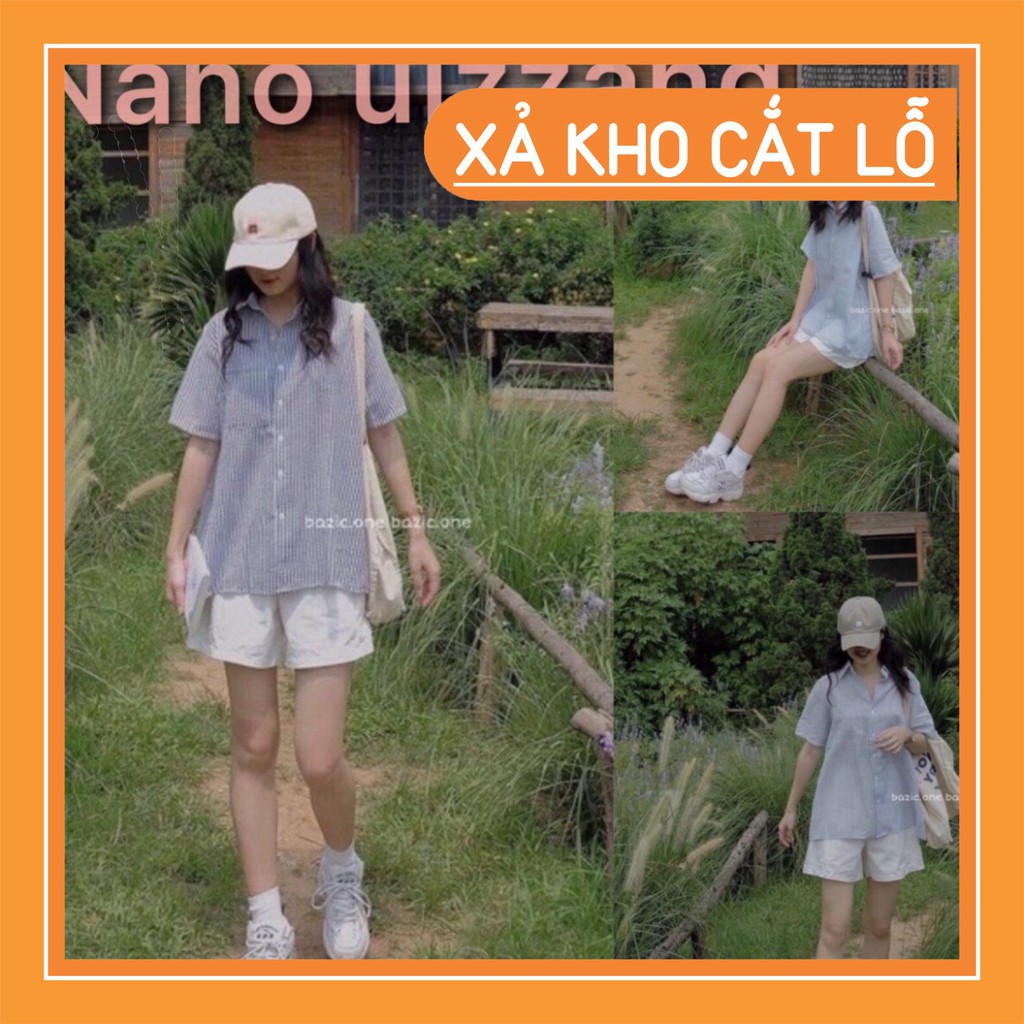 Set nữ áo sơ mi kẻ xanh kèm quần short kaki trắng 🍑 Bộ đồ nữ áo sơ mi xanh sọc trắng +quần đùi phon