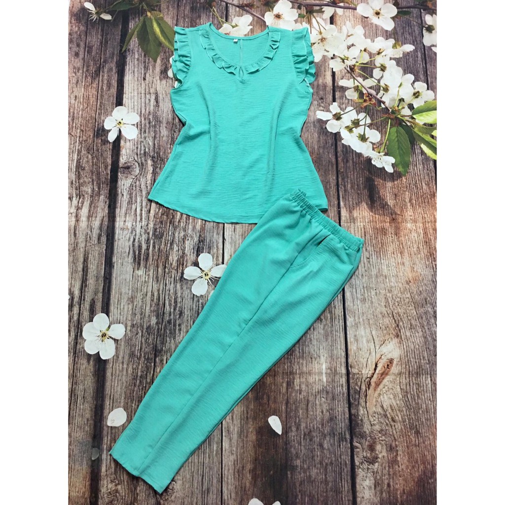 Quần dài 9 TẤC chất ĐŨI THUN Sát nách Cổ Nhúm bèo Đồ bộ mặc nhà Big Size cao cấp Size 3 4 ShopThanhThanh