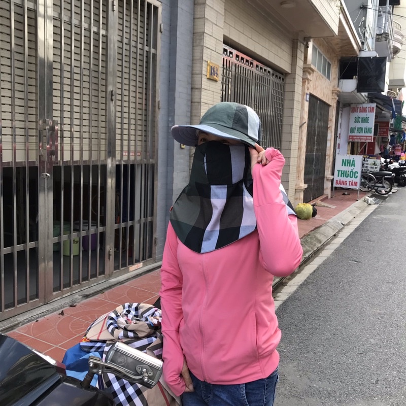 Mũ chống nắng đa năng nữ,  mũ chống nắng kèm khẩu trang trùm vai gáy mũ vải cotton dep