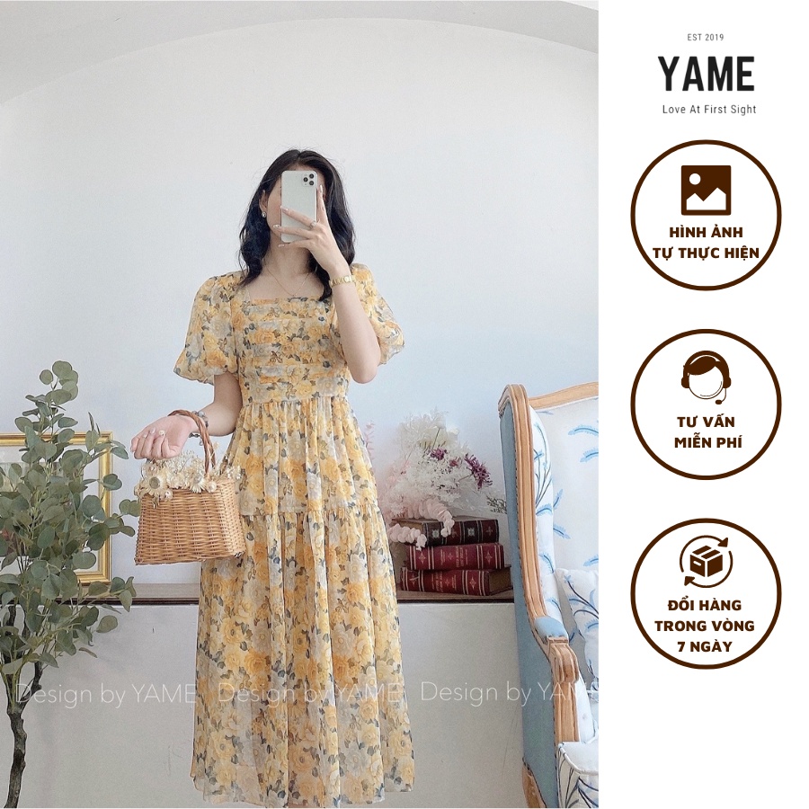 Váy đầm hoa nữ ngắn tay dáng dài màu vàng cổ vuông nhún ngực chất voan tơ lót lụa Sunny YAME