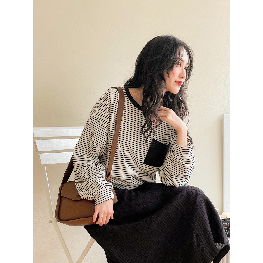 Áo sweater dài tay kẻ mix túi MADELEN