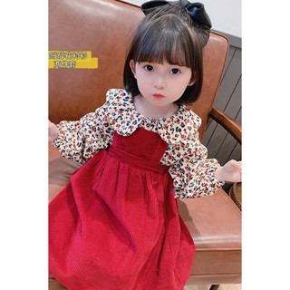 Set áo hoa nhí kèm yếm nhung đỏ bé gái