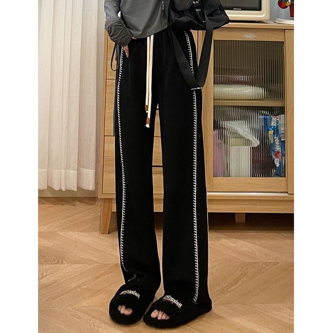 Quần Dài Thể Thao Lưng Cao Ống Đứng Màu Đen Phối Dây Rút Phong Cách Hàn Quốc Thời Trang Cho Nữ