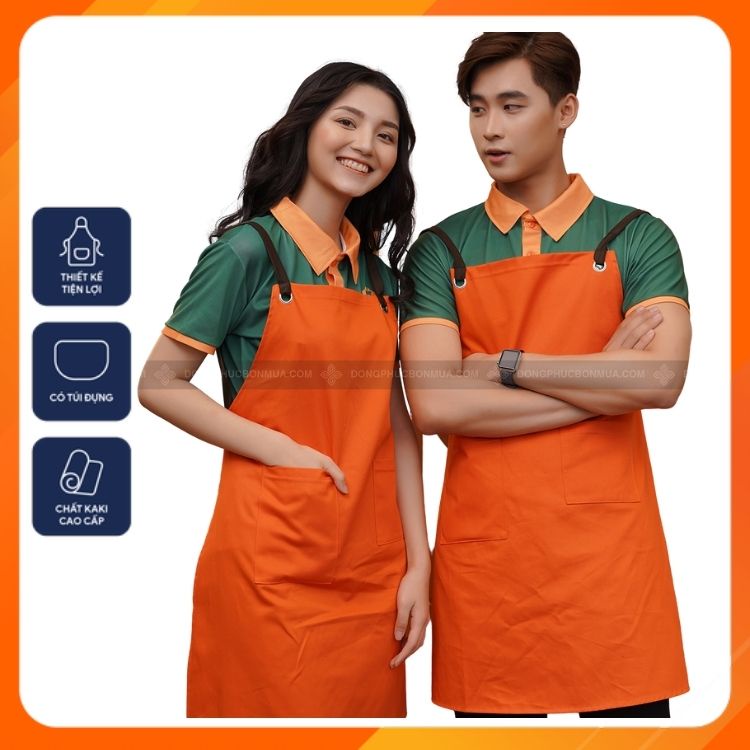 Tạp dề đồng phục nhà hàng, quán café đẹp - Chất liệu kaki bền đẹp - Màu cam nổi bật, bắt mắt, đan chéo dây phía sau