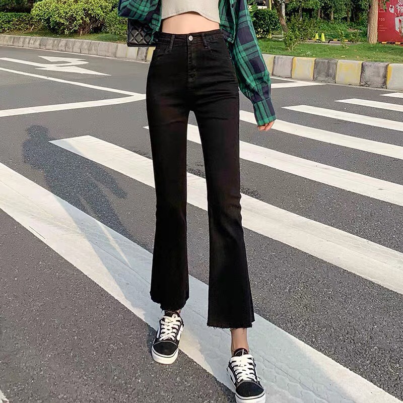 Quần bò ống loe lưng cao⚡𝑯𝒂̀𝒏𝒈 𝒄𝒂𝒐 𝒄𝒂̂́𝒑⚡ Quần jeans ống loe màu đen trơn co giãn  phong cách  Hàn Quốc