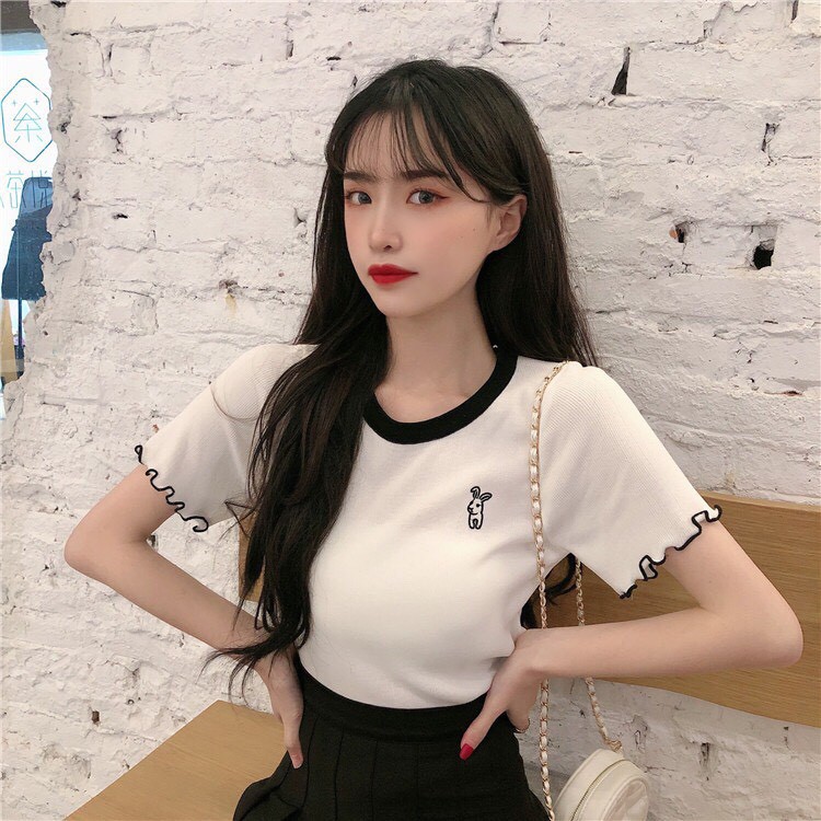 ÁO CROPTOP KIỂU CỔ TRÒN THÊU THỎ TRƯỚC NGỰC VẢI THUN GÂN [CLIP THẬT][FREESHIP] hàng loại 1, form ôm body chuẩn