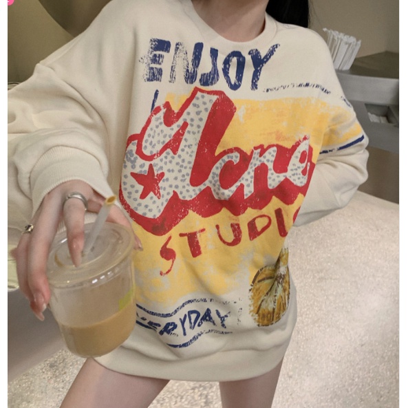 Áo Sweater Cổ Tròn Dáng Rộng In Họa Tiết Graffiti Phong Cách Hàn Quốc | WebRaoVat - webraovat.net.vn