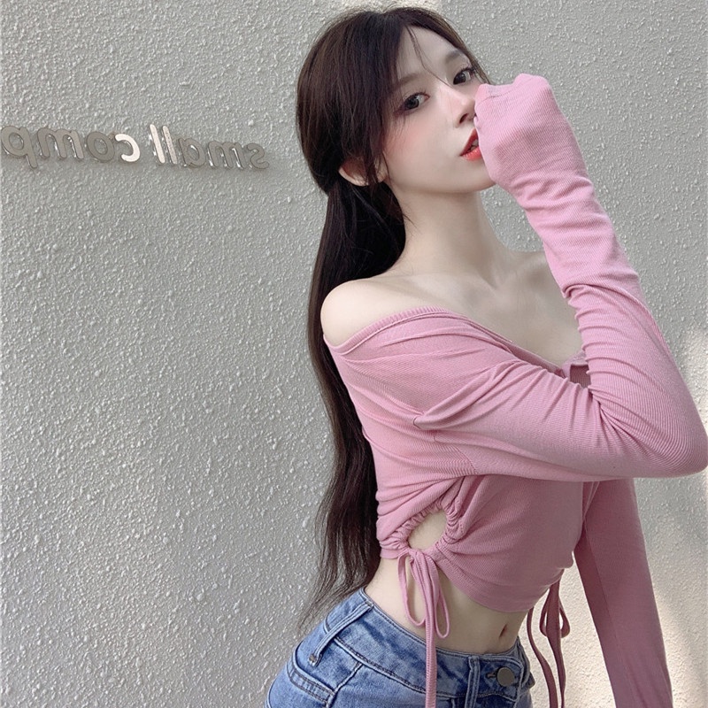 Áo thun tay dài dáng ngắn thiết kế khoét quyến rũ thời trang dành cho nữ