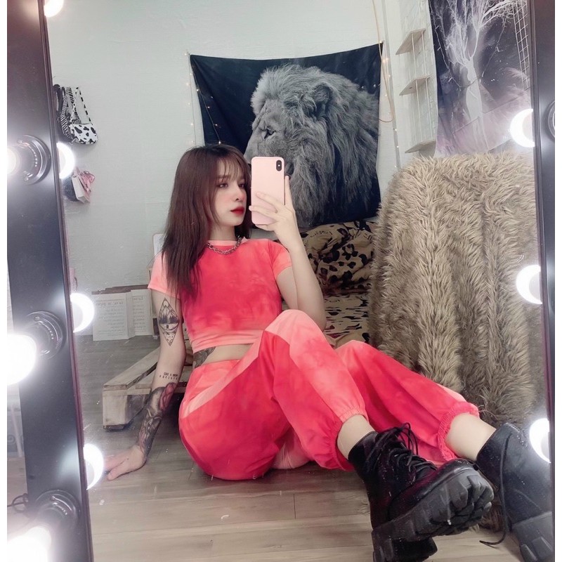 Set bộ màu loang xinh cá tính áo tay ngắn CRT cổ tròn quần lưng chun bo ống xinh