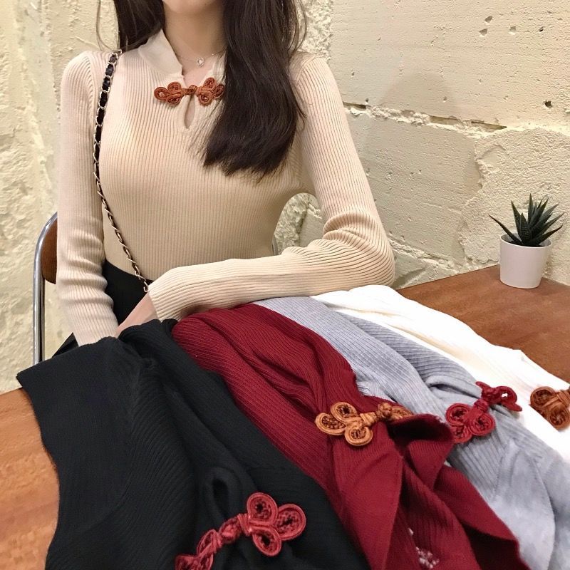 Áo len mỏng dài tay dáng ôm phong cách retro thiết kế mới 2 màu